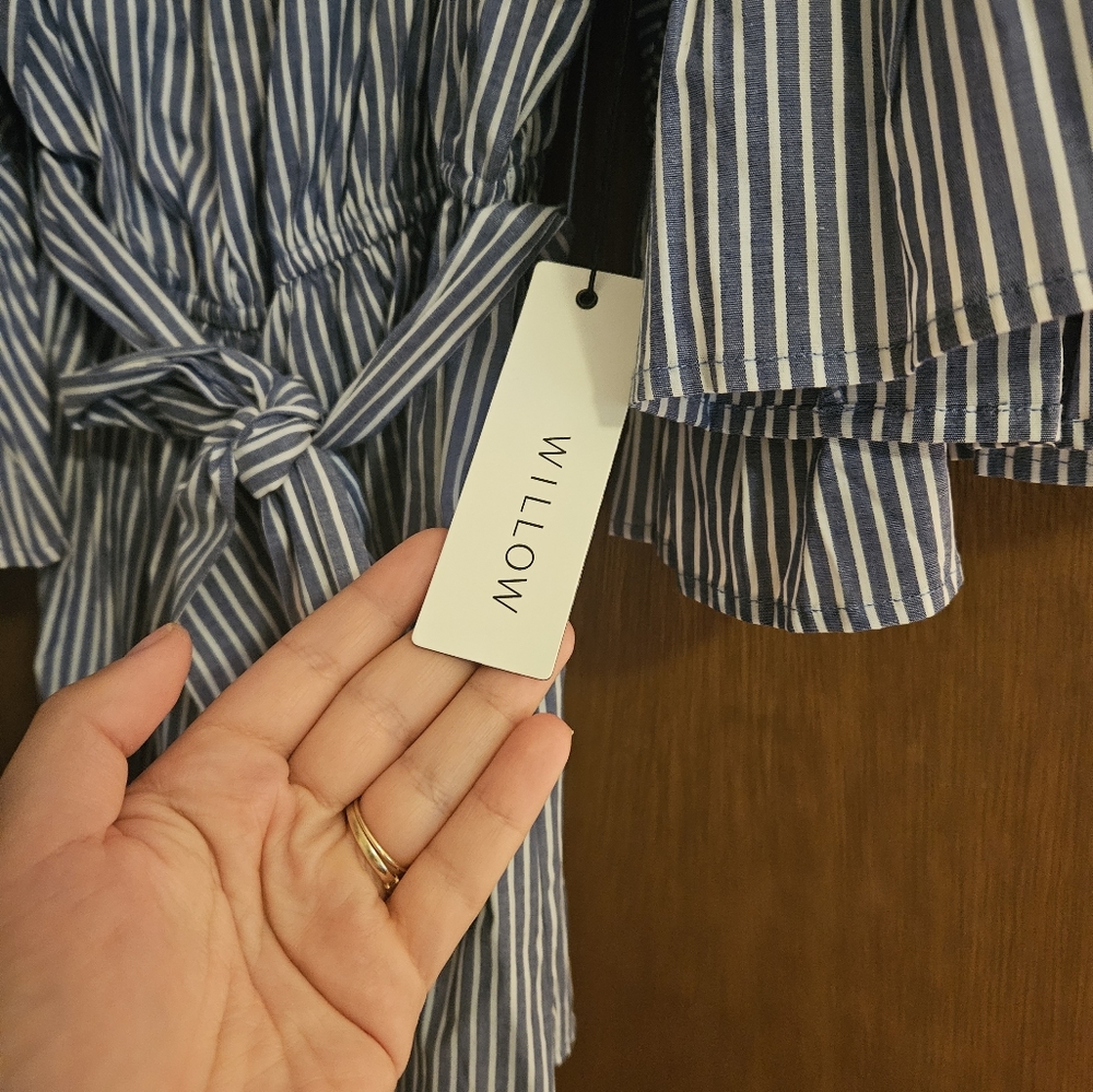 Blue and white stripe off shoulder romper, flowy sleeves - Picture 5 of 7